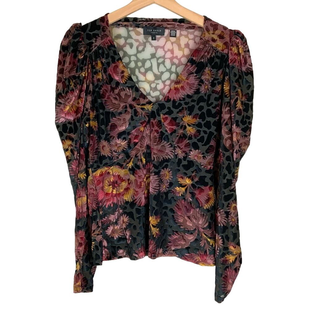TED BAKER Ettya Floral Burnout V-neck Jacquard Top In Black Women's Small 4/6